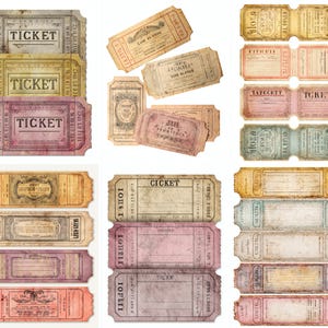 Puede incluir: Una colección de boletos de estilo vintage en varios colores, incluyendo amarillo, rosa y azul. Los boletos presentan la palabra "TICKET" y otros textos, con una apariencia desgastada y envejecida. El diseño evoca nostalgia y recuerdos de eventos clásicos.