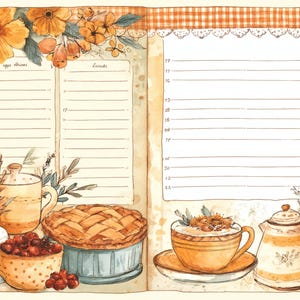 Puede incluir: Ilustración en acuarela de una página doble de diario con temática rústica. Presenta una tarta, una taza de té, una tetera y flores en tonos naranja y amarillo. Incluye páginas rayadas para notas y un borde de cuadros.