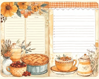 May include: Watercolor illustration of a journal spread with a rustic theme. Features a pie, teacup, teapot, and flowers in shades of orange and yellow. Includes lined pages for notes and a gingham border.