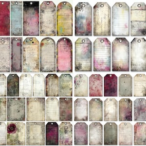 May include: A collection of vintage-style paper tags with distressed textures and various designs. The tags feature a range of colors, including reds, pinks, blues, and creams, with some displaying floral and handwritten elements. Each tag has a hole at the top for hanging.