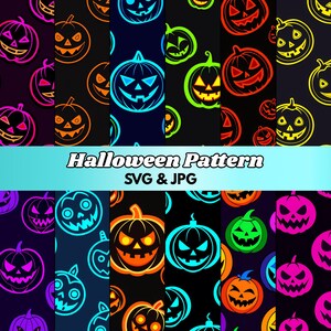 May include: A collection of Halloween-themed patterns featuring jack-o'-lantern designs in various colors, including neon pink, orange, green, and blue, set against a black background. The text "Halloween Pattern SVG & JPG" is displayed across the image.