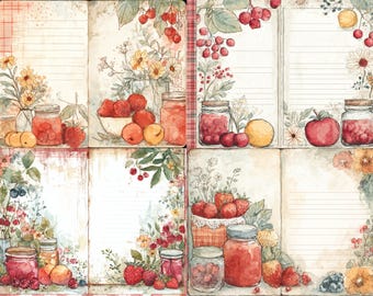 Könnte beinhalten: Aquarell-Illustration eines Journals mit linierten Seiten, mit Gläsern mit Marmelade, frischem Obst und Blumenarrangements. Das Bild zeigt Erdbeeren, Kirschen, Pfirsiche und Äpfel, mit einer rustikalen, Vintage-Ästhetik.