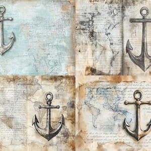 Könnte beinhalten: Eine Collage aus vier verschiedenen Feldern mit Illustrationen von Metallankern vor dem Hintergrund von gealtertem, verwittertem Pergamentpapier mit verblassten Weltkarten und komplizierter, handschriftlicher Kursivschrift in Braun- und Blautönen.