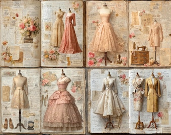 May include: A collage featuring vintage dresses on mannequins, displayed on open book pages. The dresses are in shades of peach, cream, and gold, with floral accents. The background includes handwritten notes and floral arrangements, creating a romantic, antique aesthetic.