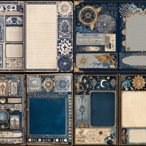 May include: A collection of decorative journal pages with a celestial theme. The pages feature intricate illustrations in shades of blue, gold, and cream, with celestial bodies, mystical symbols, and ornate borders. The pages are designed for journaling, scrapbooking, or other creative projects.