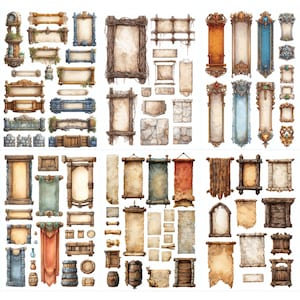 May include: A collection of watercolor illustrations featuring various medieval-themed signs, banners, and scrolls. The designs include wooden frames, stone textures, and decorative elements. The color palette consists of earthy tones, with accents of blue, orange, and green.