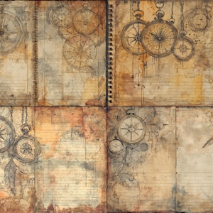 Op de afbeelding: Een vintage-stijl notitieboek met een spiraalbinding, met kompas- en klokillustraties in sepia tinten. De pagina's hebben een gelijnd papierontwerp met verouderde, bevlekte texturen en een veergrafiek.