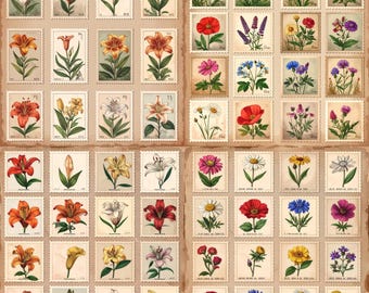 Printable Floral Stamp Collage Sheets – Vintage Multiple Wildflower Ephemera for Scrapbooking, Paper Crafts & Junk Journals, Vintage Stamps