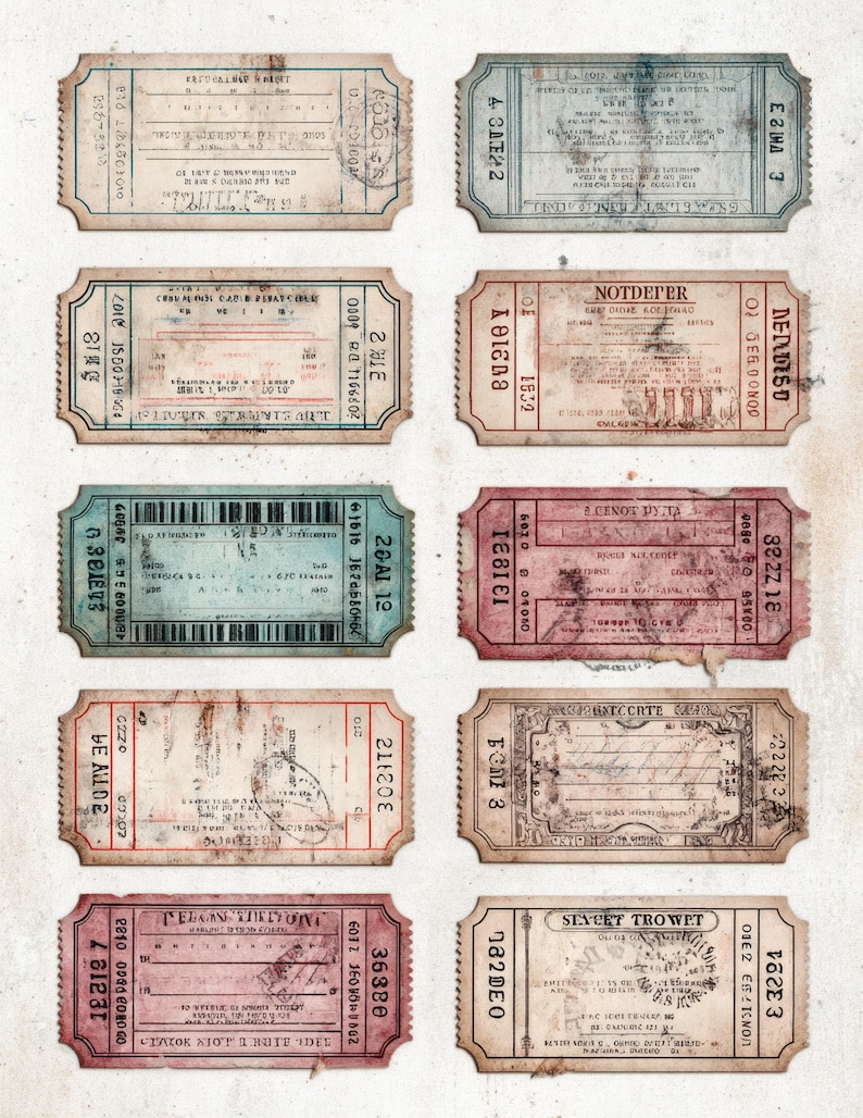 Retro Style Ticket Vintage Ephemera Printable Tickets, Raffle and Transport Stubs Collage ...