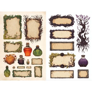 witchy potion labels and fantasy game ui elements with mystical frames apothecary tags magical symbols parchment textures for digital design image 4