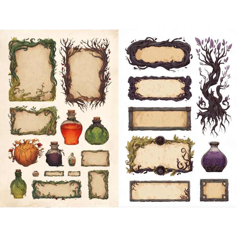 witchy potion labels and fantasy game ui elements with mystical frames apothecary tags magical symbols parchment textures for digital design image 4