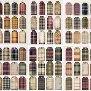 Peut inclure: Une collection d'étiquettes cadeaux de style vintage avec divers motifs à carreaux. Les étiquettes présentent un aspect vieilli et usé avec un trou en haut pour l'enfilage. Les couleurs incluent le rouge, le vert, le jaune et le bleu, créant une esthétique rustique et classique.