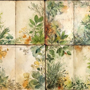 May include: A set of eight watercolor-style journal pages. Each page features a cream-colored background with botanical illustrations of green leaves, yellow flowers, and sprigs. The pages are arranged in a grid pattern.