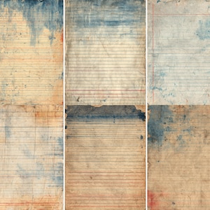 May include: A triptych of aged paper with horizontal lines and red and blue accents. The paper has a distressed, vintage appearance with stains and tears, suggesting a weathered or antique aesthetic. The overall color palette is muted.