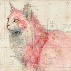 May include: Watercolor painting of a pink and white cat in profile, set against a backdrop of architectural sketches and handwritten notes. The cat has orange eyes and golden embellishments. The artwork has a vintage, artistic aesthetic.