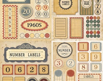 Vintage Number Label Printables, Printable Scrapbook Embellishments, Junk Journal Ephemera, Scrapbooking Collage Supplies, Digital Download