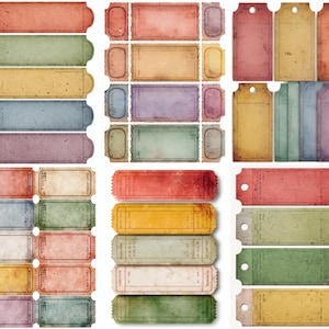 May include: A collection of vintage-style paper ephemera in various shapes and colors. The assortment includes rectangular labels, ticket stubs, and tags in shades of red, green, yellow, blue, and purple. The paper has a distressed, aged appearance.