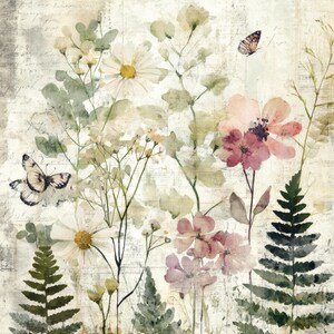 May include: Watercolor floral art print featuring daisies, pink flowers, and ferns. Two butterflies flutter among the blooms. The background has a vintage, textured look with faded script.