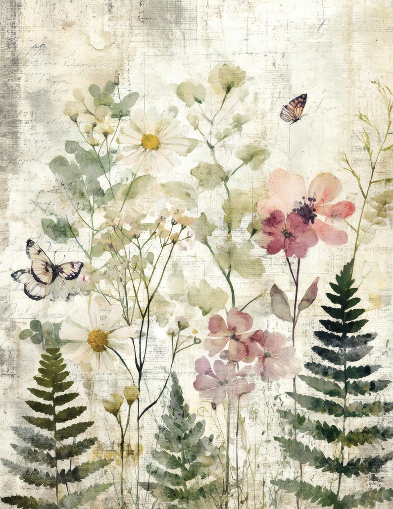 May include: Watercolor floral art print featuring daisies, pink flowers, and ferns. Two butterflies flutter among the blooms. The background has a vintage, textured look with faded script.