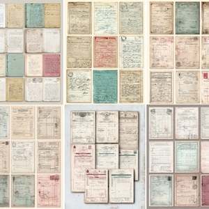 Op de afbeelding: Een verzameling vintage ephemera, waaronder verouderde papieren documenten, bonnen en handgeschreven notities. De papieren vertonen verschillende kleuren, waaronder beige, blauw en roze, met zichtbare tekenen van veroudering en slijtage. De opstelling suggereert een thema van historische documenten.