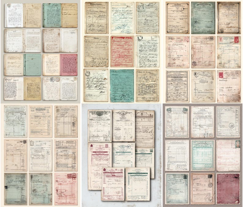 Op de afbeelding: Een verzameling vintage ephemera, waaronder verouderde papieren documenten, bonnen en handgeschreven notities. De papieren vertonen verschillende kleuren, waaronder beige, blauw en roze, met zichtbare tekenen van veroudering en slijtage. De opstelling suggereert een thema van historische documenten.