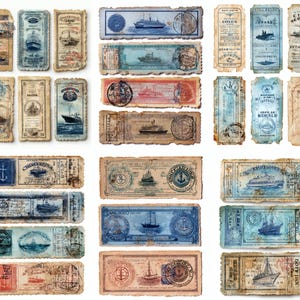Pode incluir: Uma coleção de efemérides de papel em estilo vintage, com vários desenhos de navios e elementos náuticos. O papel envelhecido tem um aspeto envelhecido com cores desbotadas de azul, vermelho e castanho. Algumas peças incluem selos e texto.