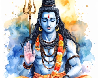May include: Watercolor illustration of a meditating figure with blue skin, long black hair, and a red mark on the forehead. The figure wears gold earrings, a beaded necklace, and a garland of orange and yellow flowers. A golden trident is behind the figure.