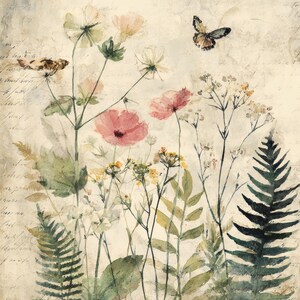 May include: Watercolor painting of wildflowers and ferns in shades of pink, white, yellow, and green. A butterfly is in flight above the flowers. The background has faded script. The artwork has a vintage, botanical theme.