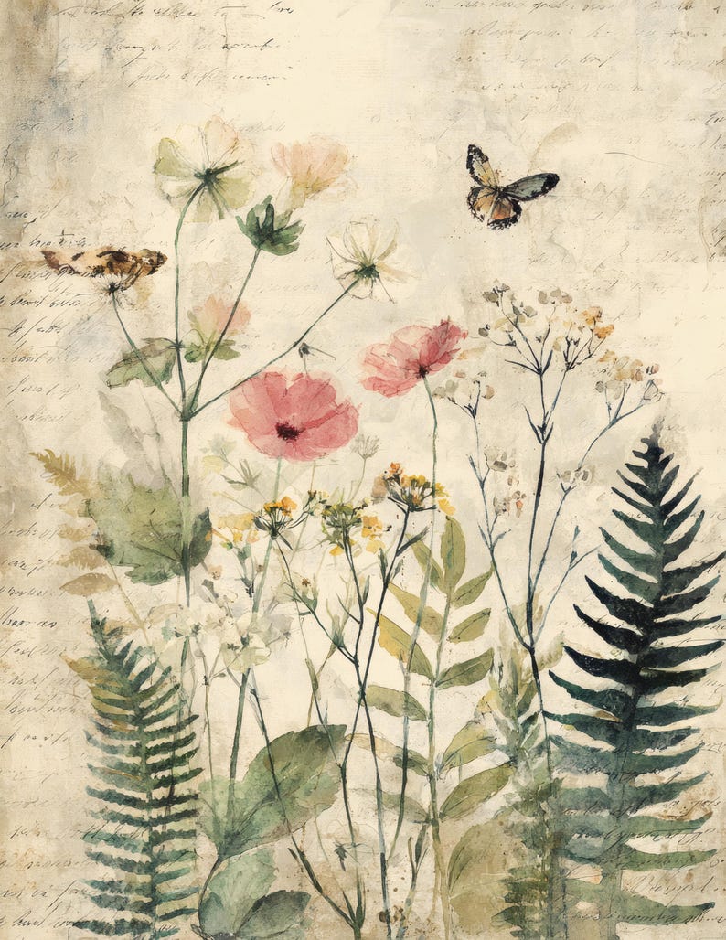 May include: Watercolor painting of wildflowers and ferns in shades of pink, white, yellow, and green. A butterfly is in flight above the flowers. The background has faded script. The artwork has a vintage, botanical theme.