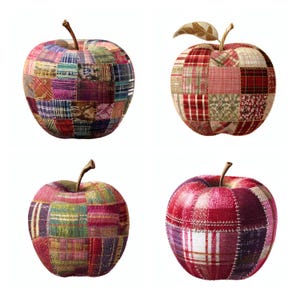 May include: Four decorative fabric apples featuring patchwork designs. Each apple is constructed from various squares of plaid, floral, and solid-colored textiles in shades of red, green, purple, and blue, finished with a small brown stem.