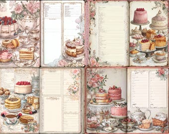 May include: A vintage-style journal with watercolor illustrations of cakes, pastries, and tea sets. The pages are decorated with floral patterns and lace, creating a charming and elegant aesthetic. The journal is designed for recipes or notes.