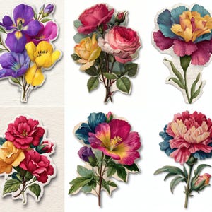May include: A collection of six floral illustrations featuring various blooms. The flowers showcase a range of colors, including purple, yellow, pink, and red. Each illustration is a detailed depiction of different flower types, with green leaves and stems.