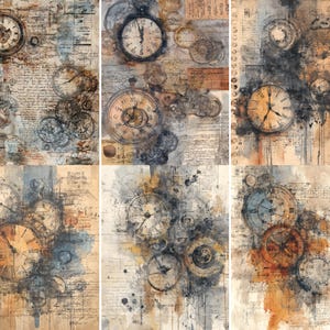 May include: A collage of six panels featuring vintage clocks, pocket watches, and clock gears. The artwork has a distressed, aged appearance with sepia tones, watercolor washes, and handwritten script. The clocks display Roman numerals.