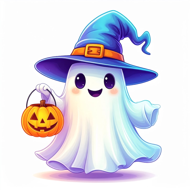 Cute Halloween Ghost Clipart Holding Pumpkin Lantern Kawaii Spooky ...