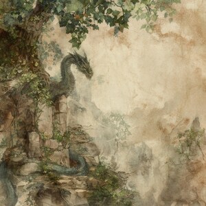 May include: Watercolor painting of a dragon perched on a stone structure, surrounded by lush greenery and a misty landscape. The dragon is a muted green color, with a long neck and detailed scales. The artwork has a vintage, fantasy theme.