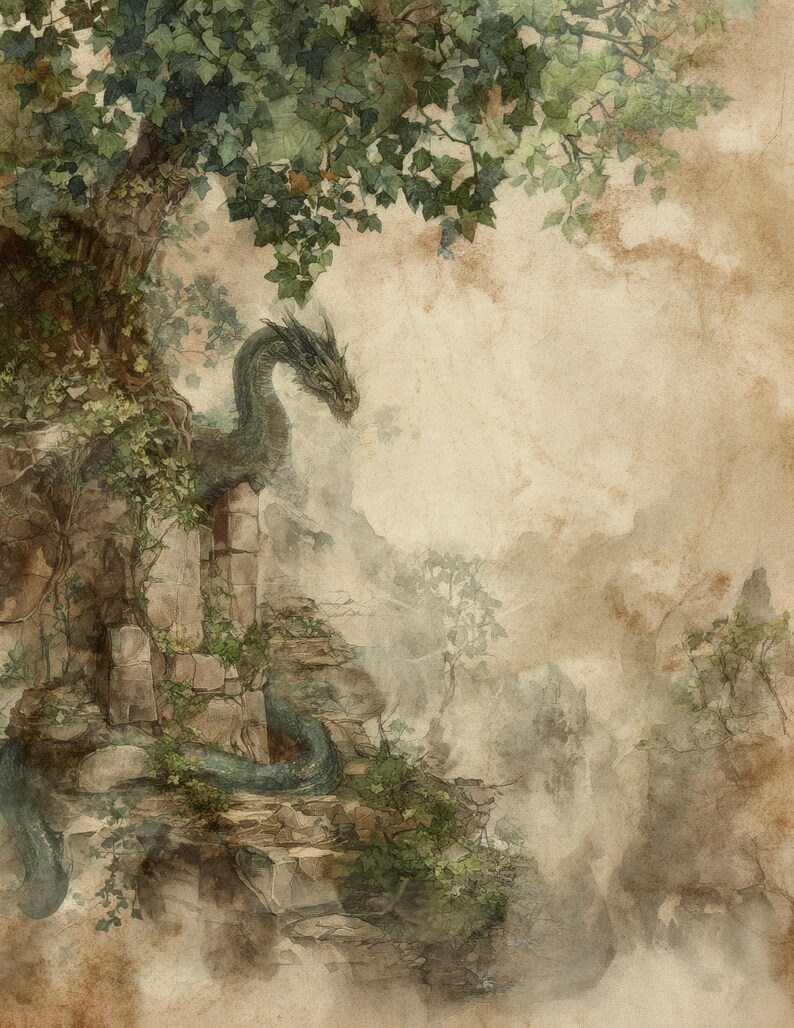 May include: Watercolor painting of a dragon perched on a stone structure, surrounded by lush greenery and a misty landscape. The dragon is a muted green color, with a long neck and detailed scales. The artwork has a vintage, fantasy theme.