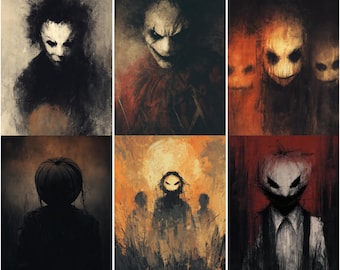 Può includere: Una collezione di sei stampe d'arte digitale con ritratti astratti e inquietanti. L'opera d'arte utilizza una tavolozza di colori scuri e tenui con soggetti che assomigliano a figure sinistre, clown e personaggi con la testa di zucca, evocando orrore.