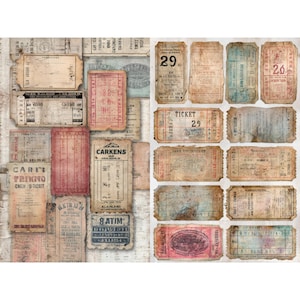 Pode incluir: Uma colagem de bilhetes e efemérides vintage em vários tamanhos e formas. Os bilhetes apresentam cores desbotadas de vermelho, azul e castanho, com texto e números visíveis. A estética geral é envelhecida e desgastada.