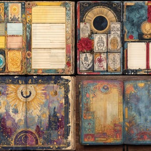 Op de afbeelding: Een verzameling open dagboeken en notitieboeken met hemelse en mystieke illustraties. De omslagen en pagina's bevatten levendige kleuren, waaronder blauw, paars en goud, met gedetailleerde kunstwerken van manen, zonnen en tarotkaartontwerpen. De dagboeken worden op een houten oppervlak weergegeven.