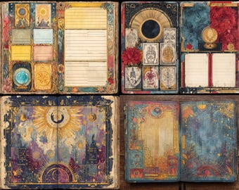 Junk journal pages divination tarot card and palmistry printables with celestial borders crystal ball art and wide writing space for crafts