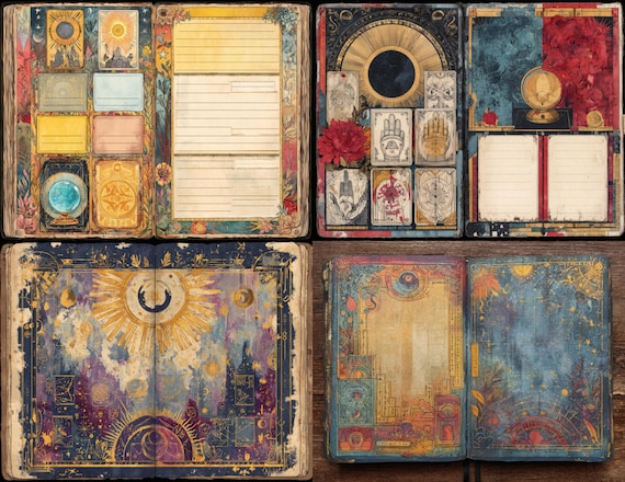 Junk journal pages divination tarot card and palmistry printables with celestial borders crystal ball art and wide writing space for crafts