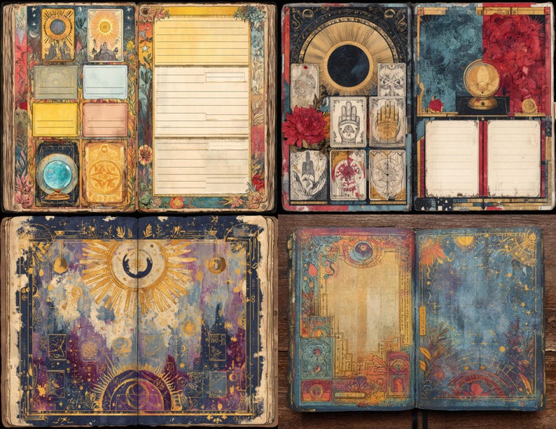 May include: A collection of open journals and notebooks with celestial and mystical illustrations. The covers and pages feature vibrant colors, including blues, purples, and golds, with detailed artwork of moons, suns, and tarot card designs. The journals are displayed on a wooden surface.