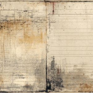 May include: Aged open book pages with a distressed appearance. The paper has a beige hue with visible lines and faded ink. Handwritten notes and a grid are present. The overall aesthetic is vintage, with a palette of beige, brown, and black.