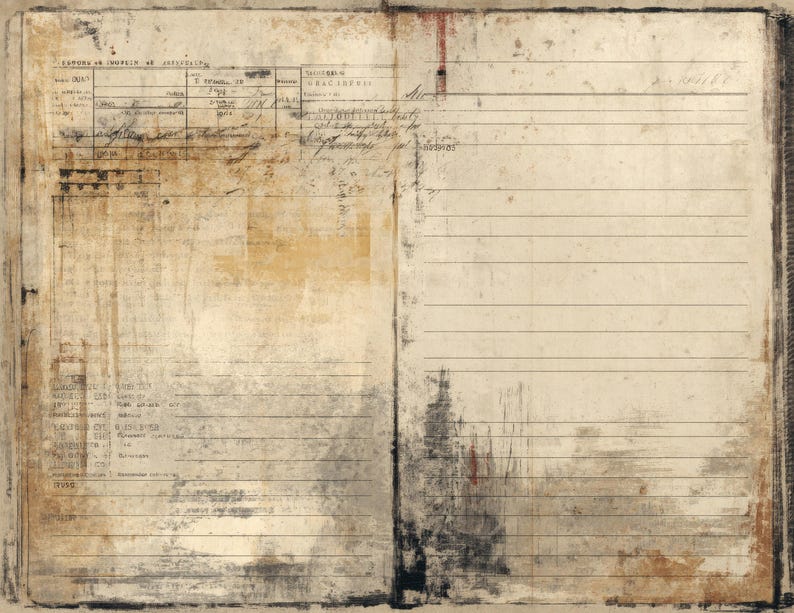 May include: Aged open book pages with a distressed appearance. The paper has a beige hue with visible lines and faded ink. Handwritten notes and a grid are present. The overall aesthetic is vintage, with a palette of beige, brown, and black.