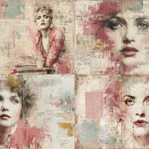Puede incluir: Un collage de cuatro paneles con est&eacute;tica vintage. La obra incorpora retratos de mujeres con labios rojos y acentos rosas, superpuestos sobre un fondo de papel envejecido y texto manuscrito. La paleta de colores incluye rosa, beige y toques de azul.