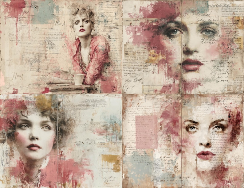 Puede incluir: Un collage de cuatro paneles con est&eacute;tica vintage. La obra incorpora retratos de mujeres con labios rojos y acentos rosas, superpuestos sobre un fondo de papel envejecido y texto manuscrito. La paleta de colores incluye rosa, beige y toques de azul.