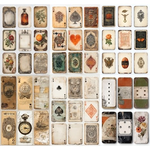 Puede incluir: Una colección de naipes y tarjetas decorativas de estilo vintage. Las tarjetas presentan ilustraciones botánicas, diseños antiguos y palos de naipes. Las tarjetas tienen una apariencia envejecida y desgastada con varios colores y obras de arte detalladas.