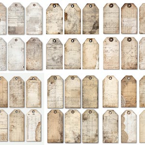 May include: A collection of vintage-style paper tags with a distressed, aged appearance. The tags feature various textures, including handwritten script, grid patterns, and lace details. Each tag has a reinforced hole for attaching to items.