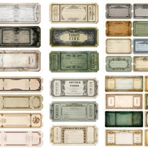 Può includere: Una collezione di biglietti ed etichette in stile vintage di varie dimensioni e colori. Alcuni biglietti presentano bordi ornati ed elementi decorativi. Il testo "TICKITY CINE" è visibile su un biglietto. L'estetica generale è invecchiata e antica.