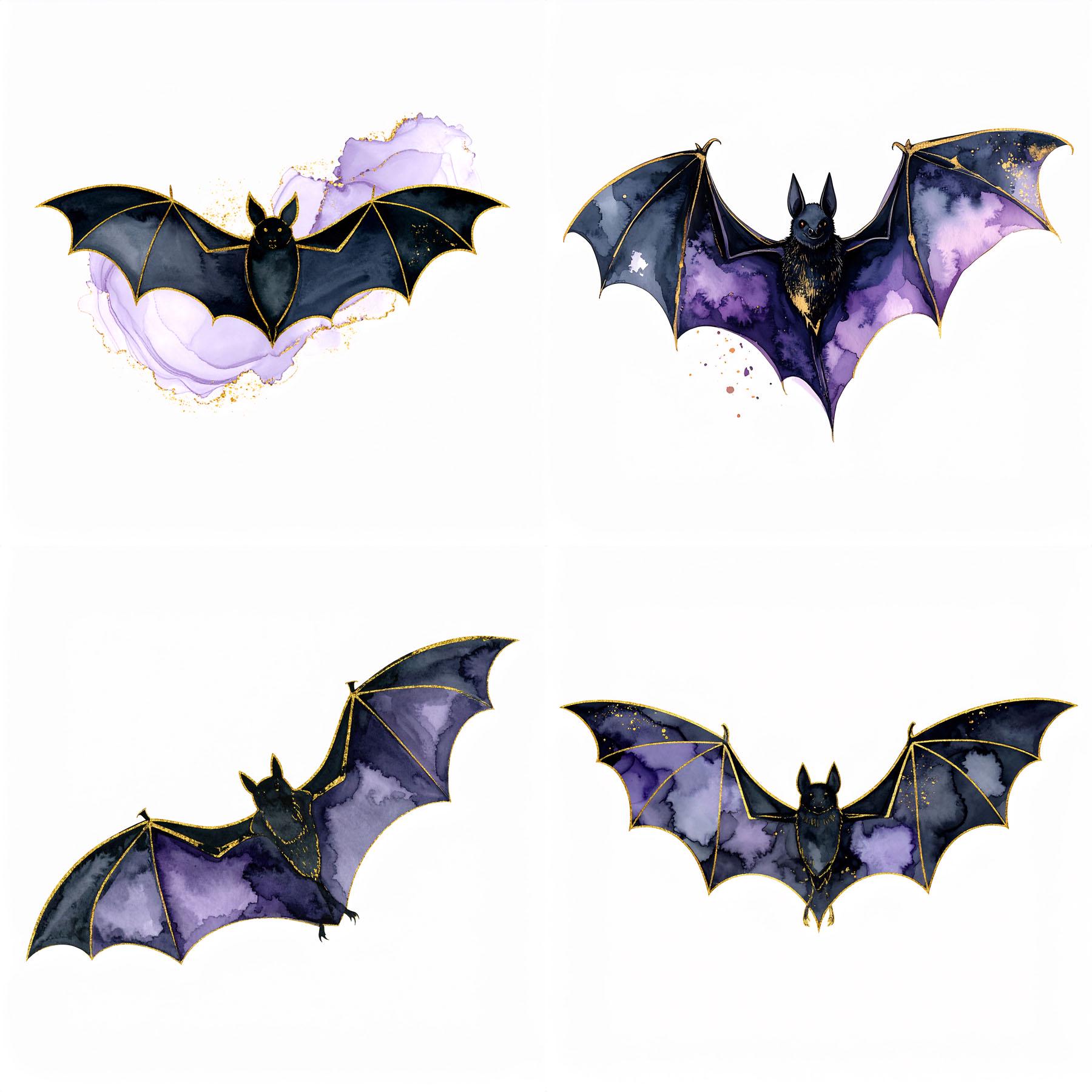 12 Bat Clipart Set Flying Bat Art With Gold Outline Alcohol Ink Style ...